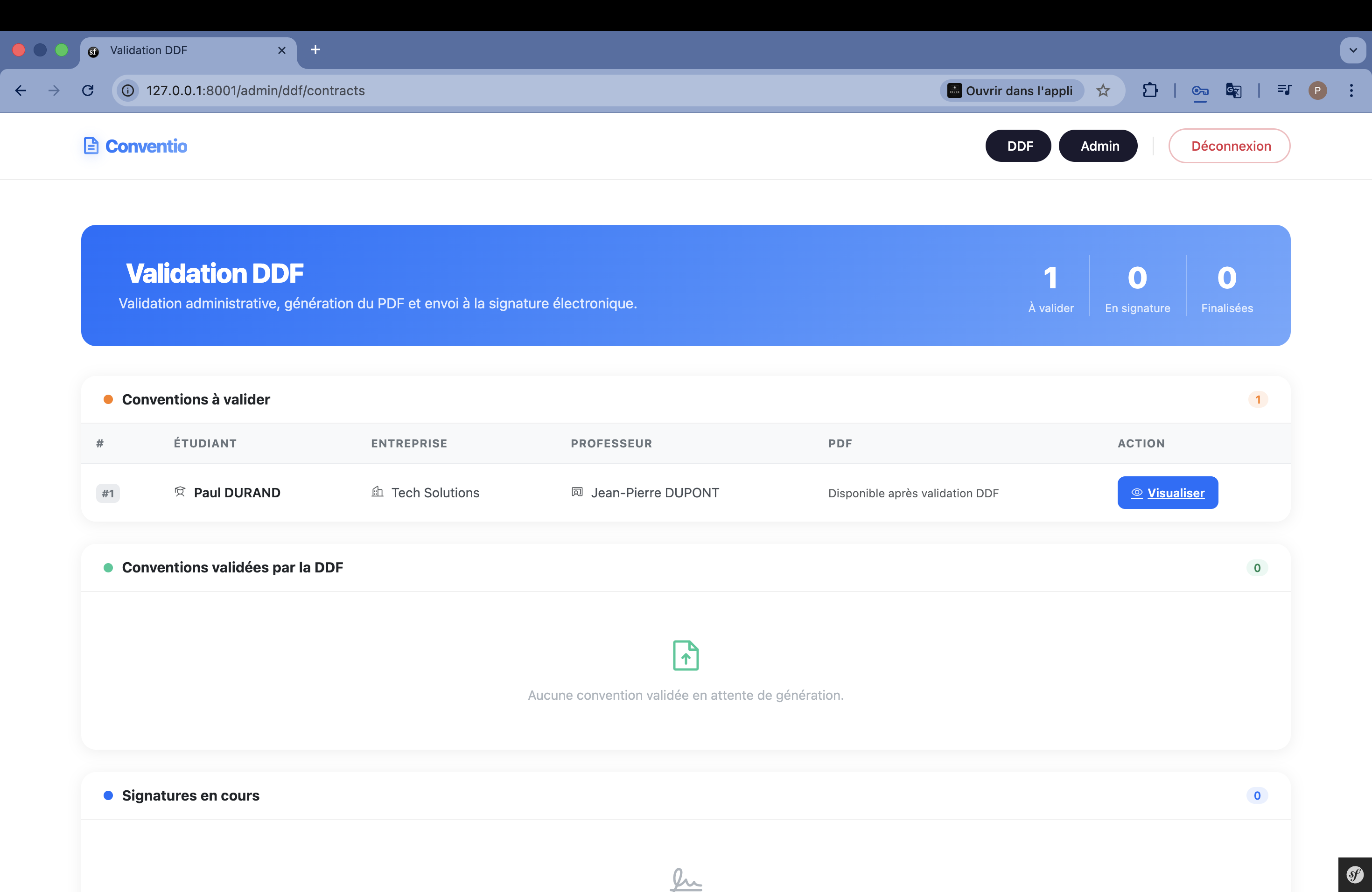 Vue DDF — tableau de bord