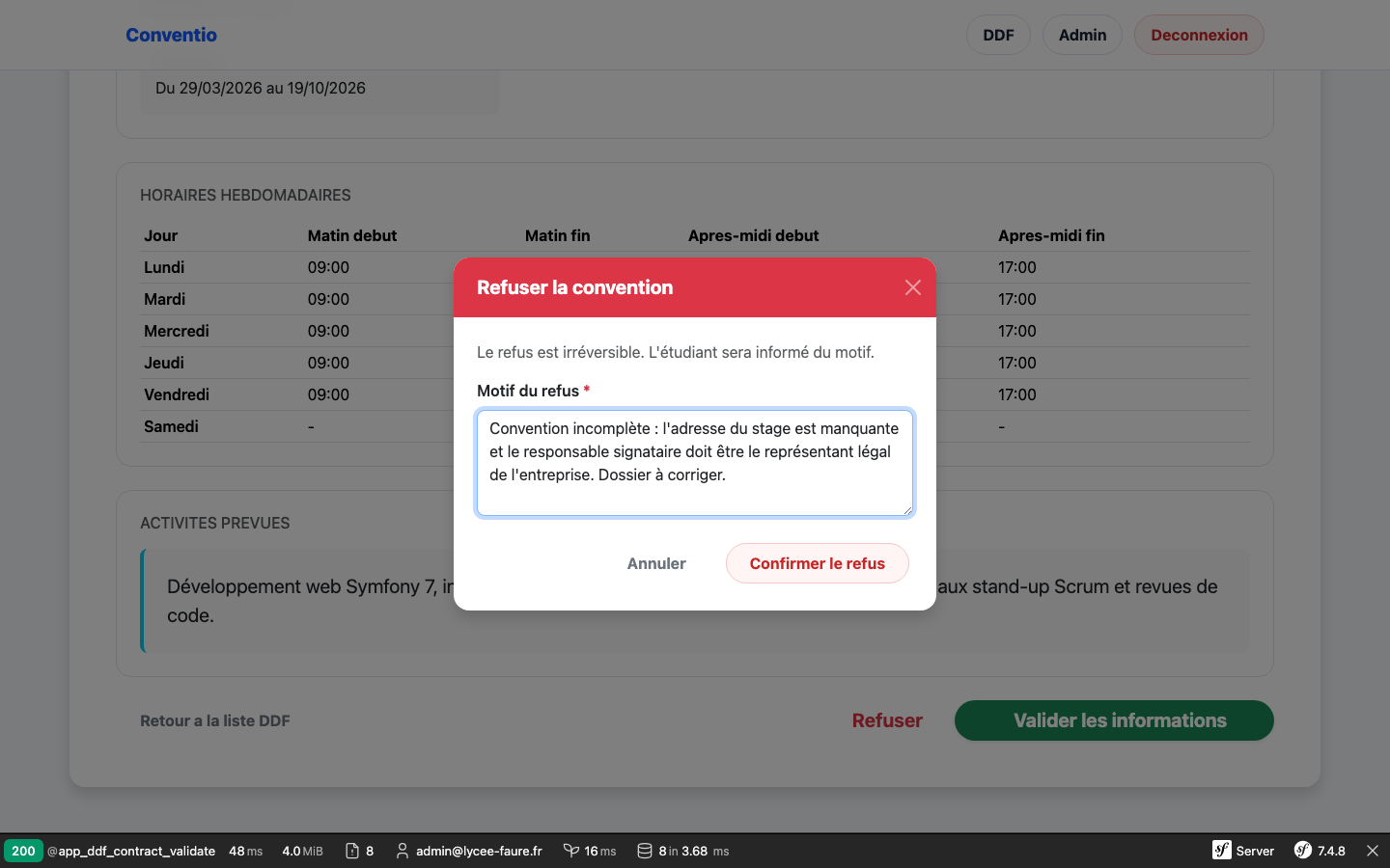 Vue DDF — modal refus avec motif rempli