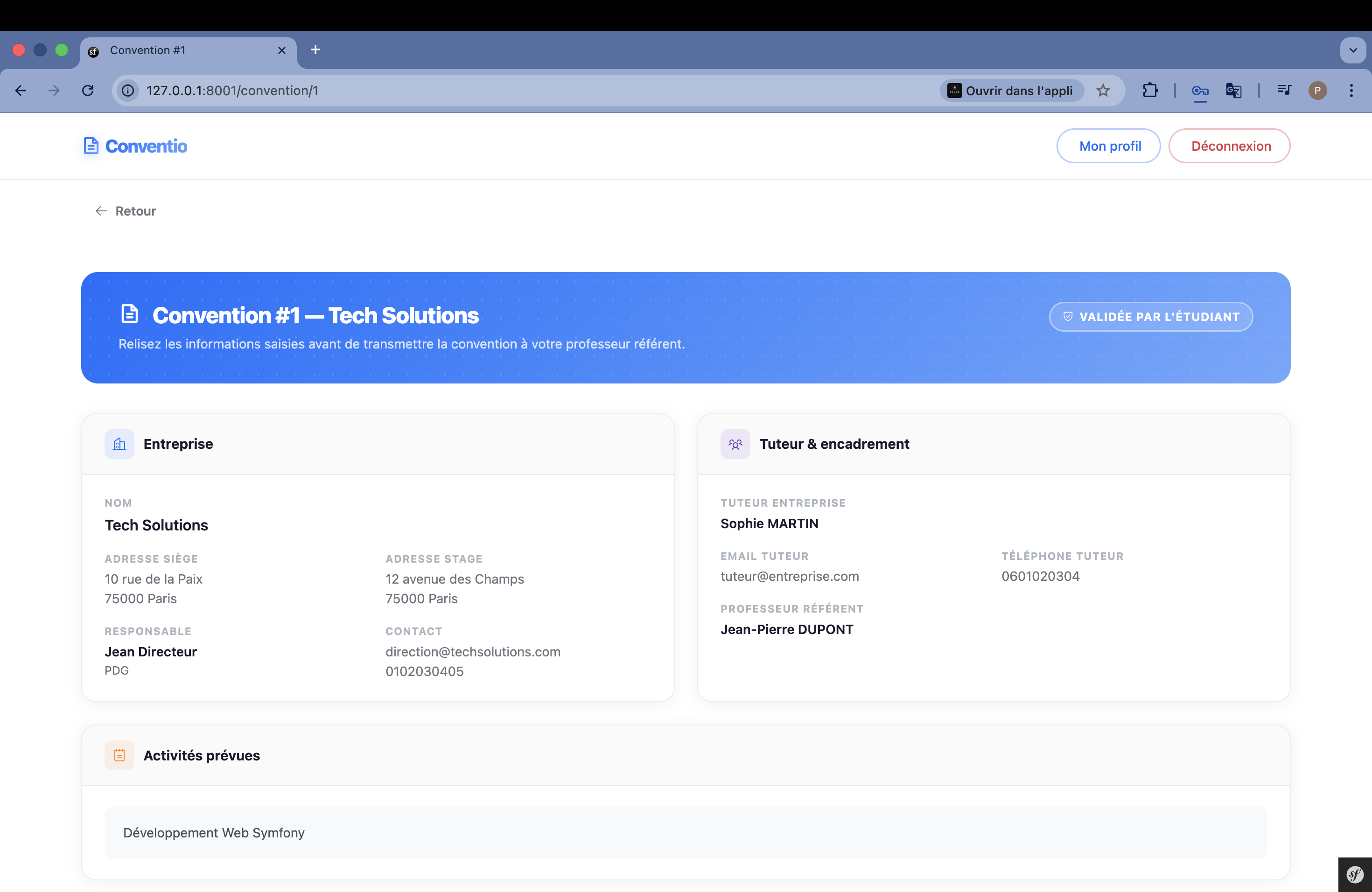 Vue étudiant — description convention