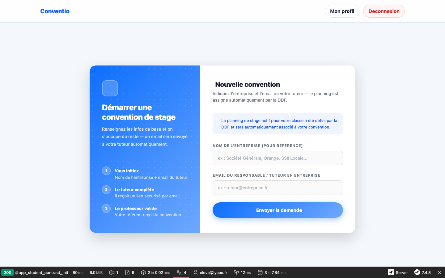 Vue étudiant — création convention (email tuteur)