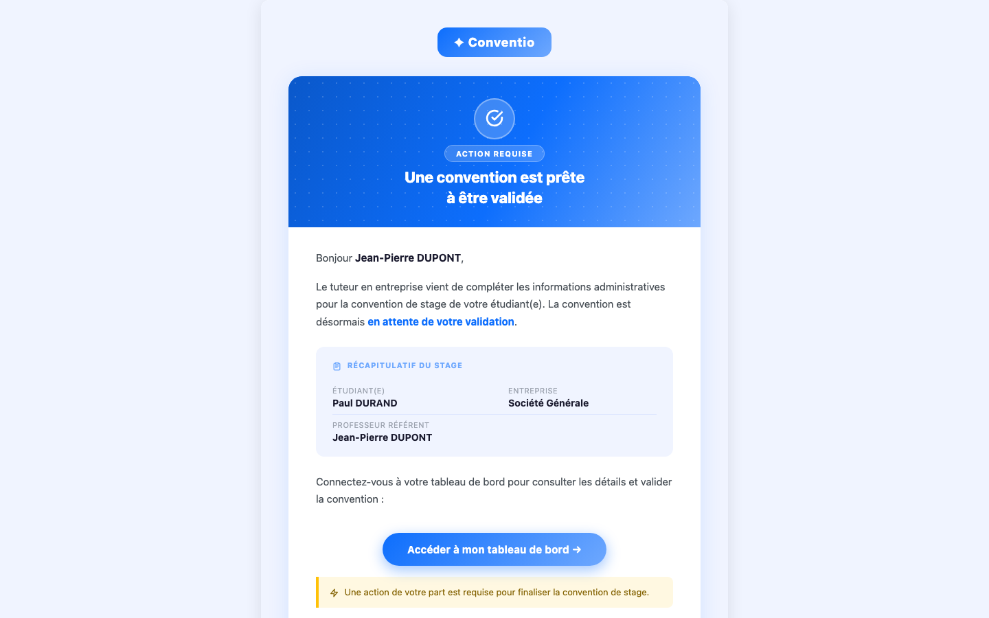 Vue professeur — email reçu (validation demandée)