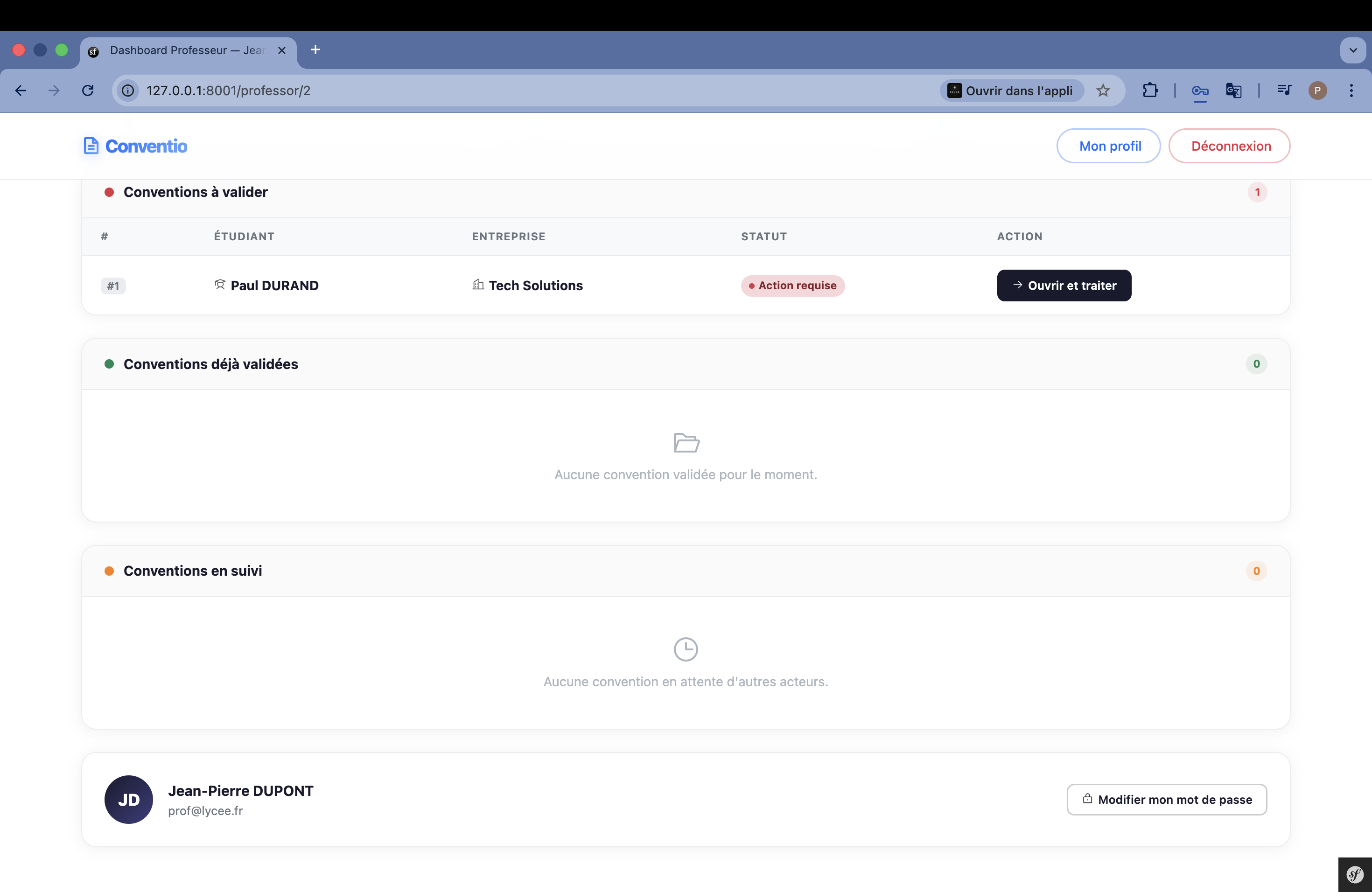 Vue professeur — tableau de bord 2