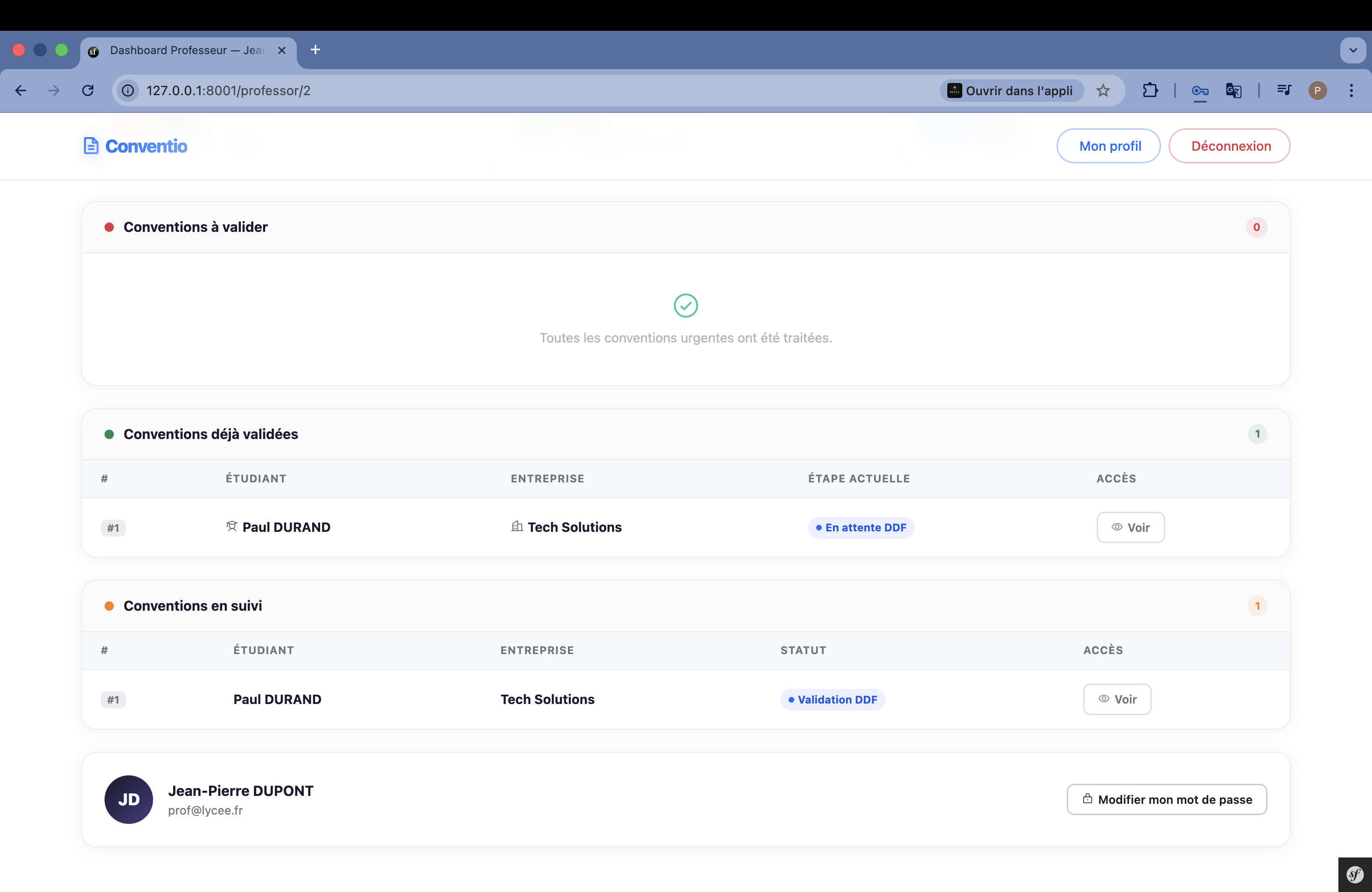Vue professeur — après validation